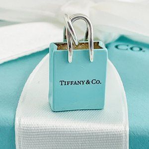 Tiffany & Co Blue Enamel Shopping Gift Bag Charm Pendant in Sterling Silver